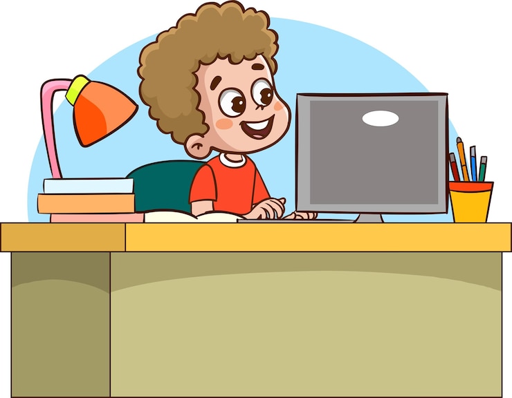 Vector happy cute children studying on computer at table