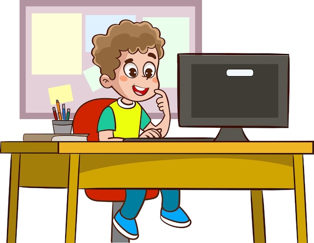 счастливые милые дети учатся на компьютере за столом