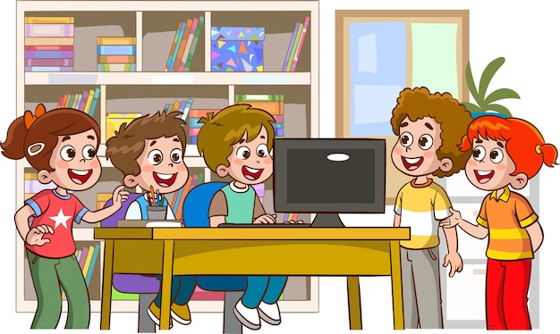 happy cute children studying on computer at table