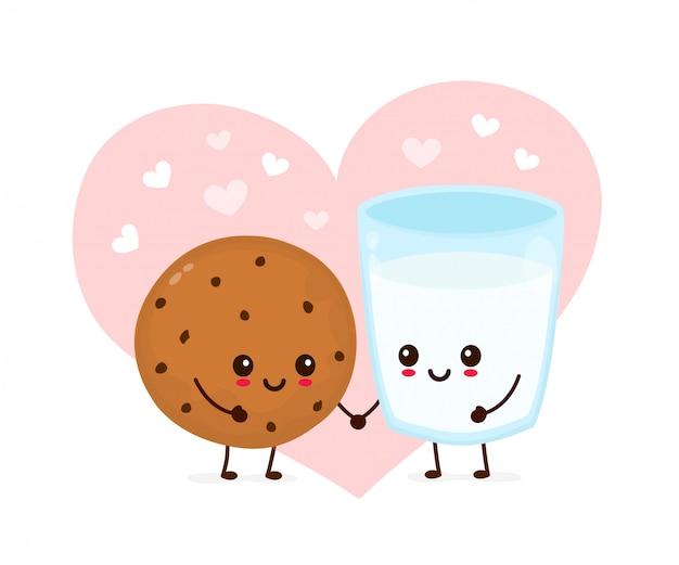 Happy cute chocolate chips cookie and glass milk in love