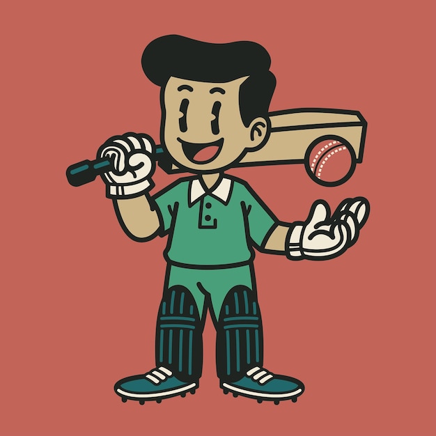 Happy and Cute Cricket Boy Player in Vintage Retro Style