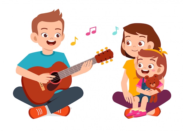 Felice carino famiglia mamma papà figlio figlia suonare la chitarra