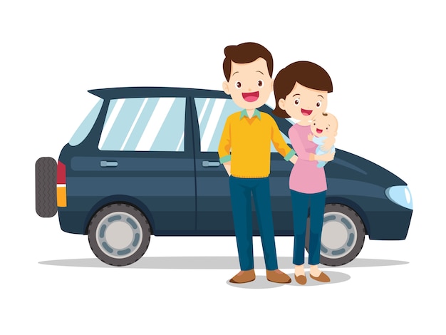 Vector happy cute family with a car on white