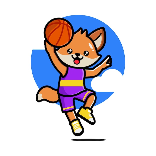 Happy cute fox playing basketball