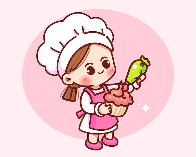 Felice ragazza carina chef decora la torta crema dolce cucina compleanno pasticceria logo cartone animato disegnato a mano illustrazione di arte del fumetto