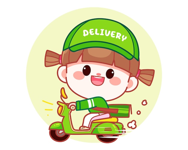 행복 한 귀여운 소녀 배달 음식 오토바이 타고 배너 로고 만화 예술 그림
