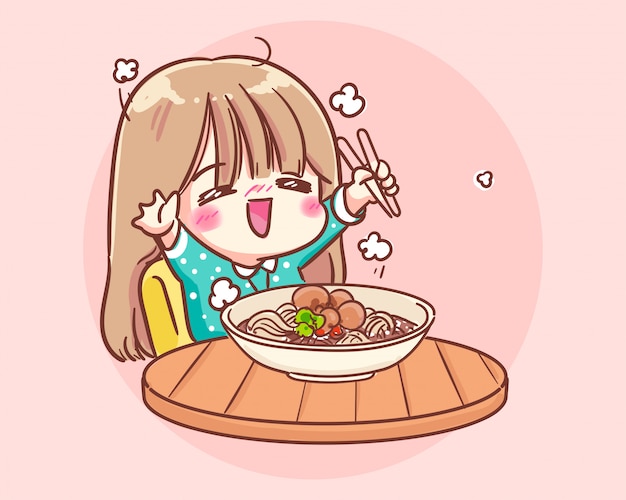 Happy cute girl eating noodle cartoon art illustration premium vector