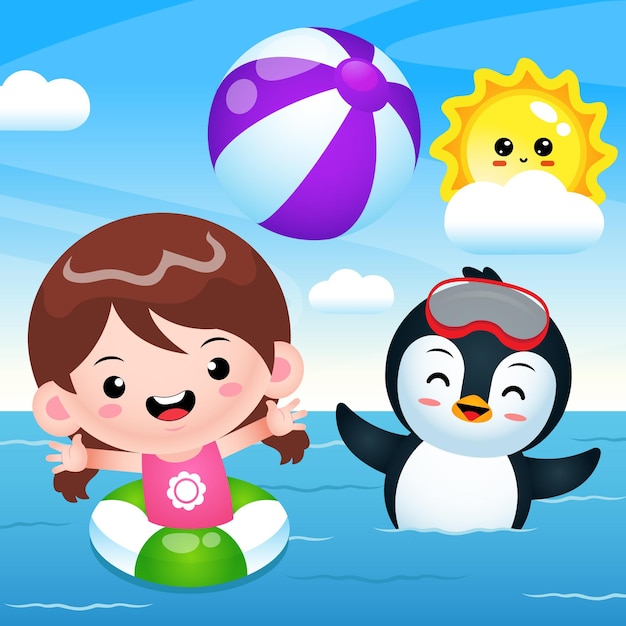 Счастливая милая девушка и пингвин играют в пляжный мяч на море