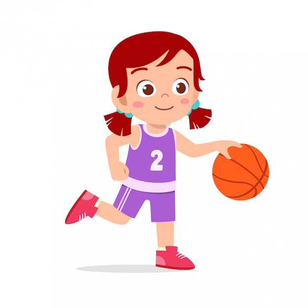 Happy cute girl playing basketball