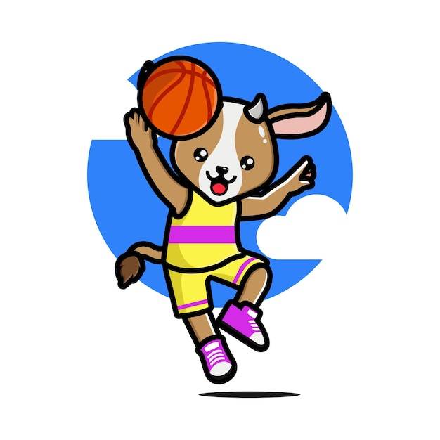 Happy cute goat playing basketball