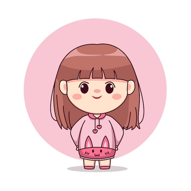Vettore felice ragazza carina e kawaii con felpa con cappuccio rosa coniglietto cartone animato manga chibi character design