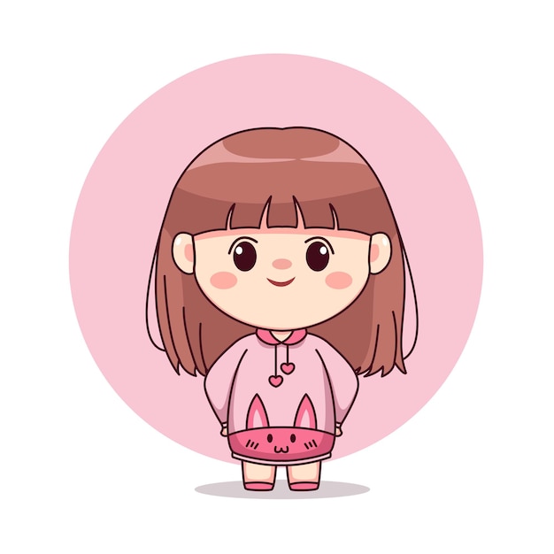 Happy cute and kawaii girl with pink hoodie bunny cartoon manga chibi character design