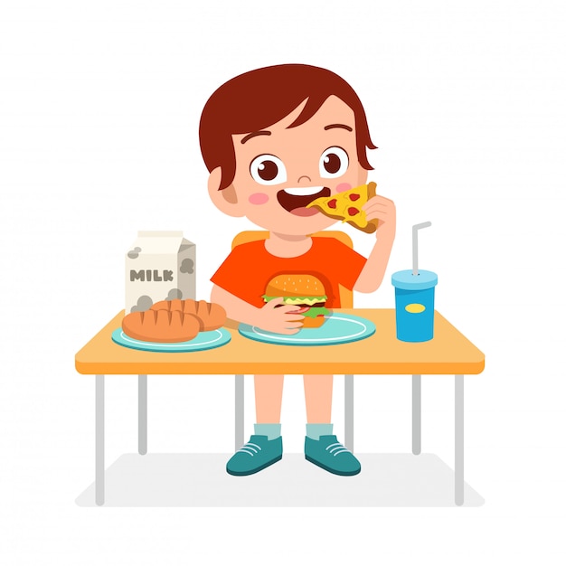 Vector happy cute kid boy eat fast food