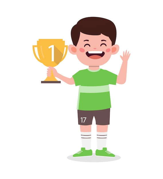 Happy cute kid boy holding gold trophy cartoon illustration