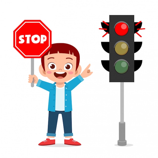 Happy cute kid boy holding traffic sign illustration