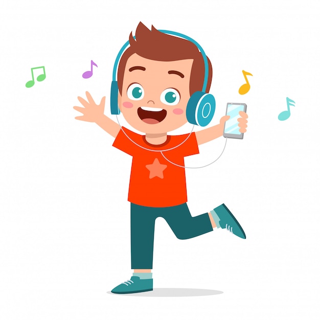 Happy cute kid boy listen to music