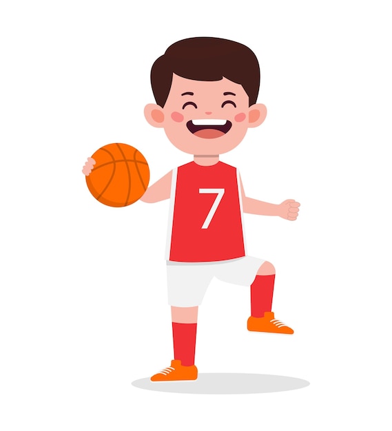 幸せなかわいい子供の男の子がバスケットボールをする