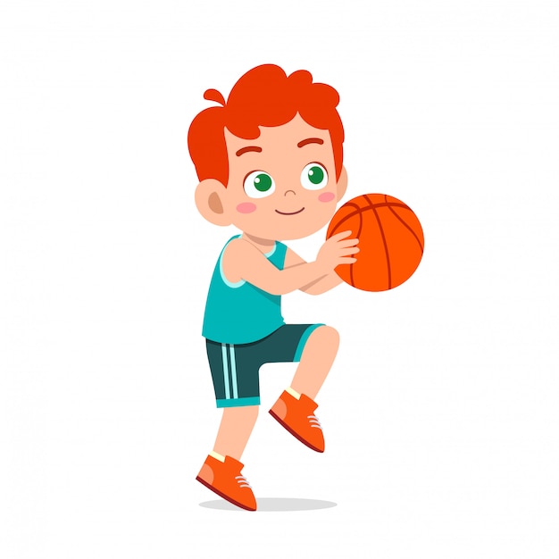 Happy cute kid boy play train basketball