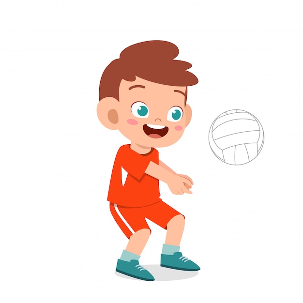 Happy cute kid boy play train volleyball