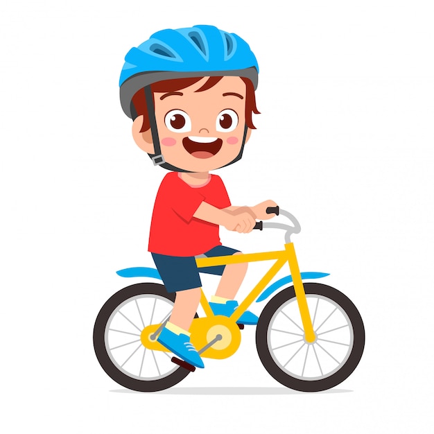 Happy cute kid boy riding bike smile