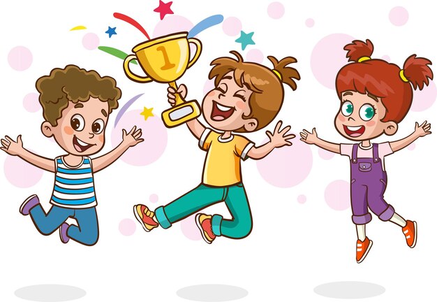 Vector happy cute kid boy win game gold trophy