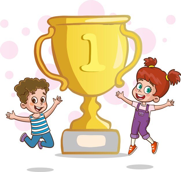 Vector happy cute kid boy win game gold trophy
