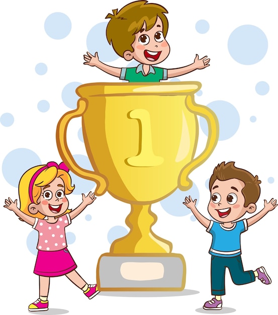 Vector happy cute kid boy win game gold trophy