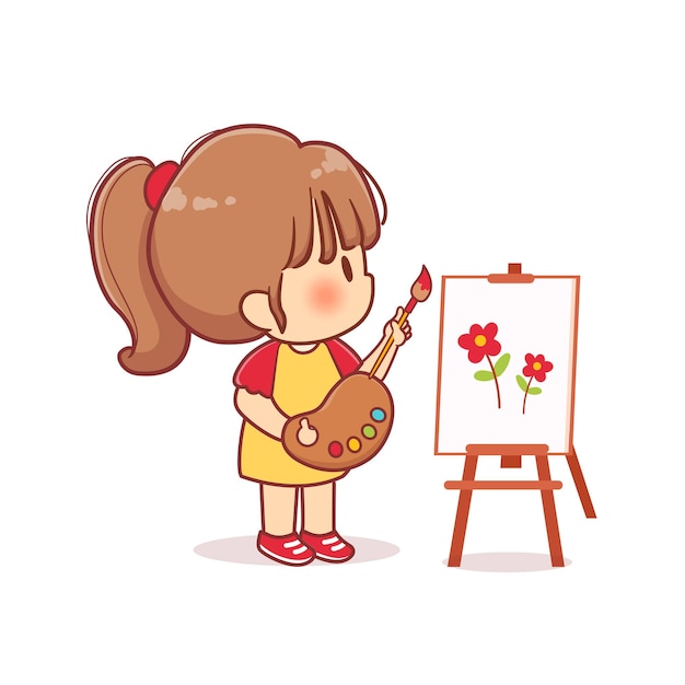 幸せなかわいい子供は、アートクラス中に花の絵を描きます