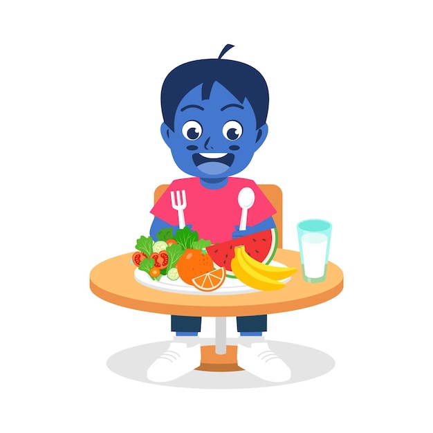 Vector happy cute kid eat healthy food