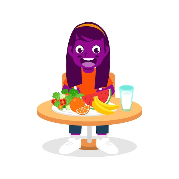 Vector happy cute kid eat healthy food