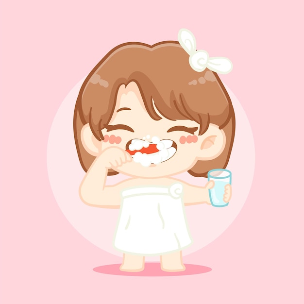 Happy cute kid girl brush clean teeth illustration