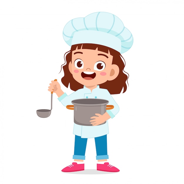 Ragazza felice bambino carino in costume da chef