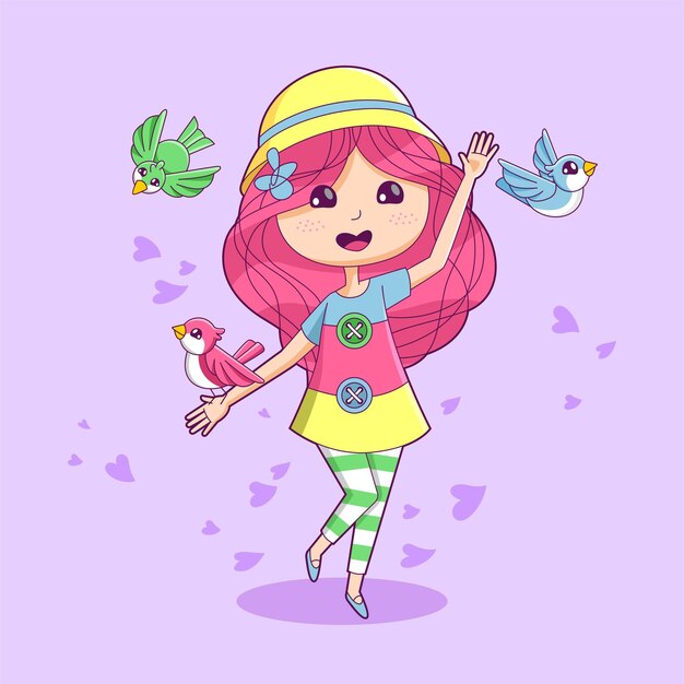 Happy cute kid girl childhood hand drawn cartoon character illustration