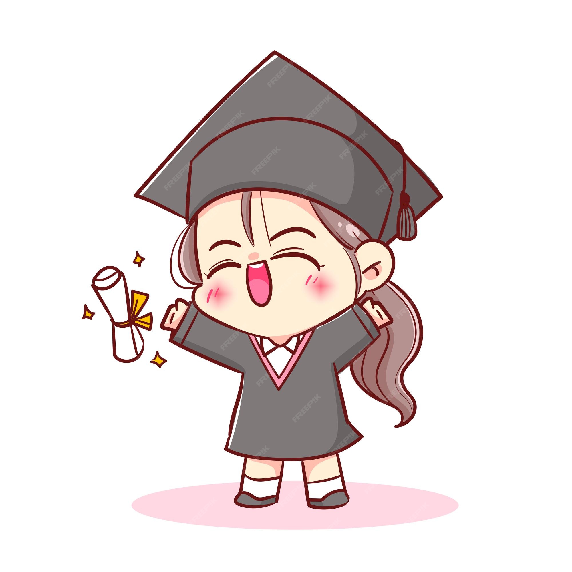 Premium Vector | Happy cute kid girl children in graduation gown and cap at  graduation ceremony hand drawn cartoon character illustration