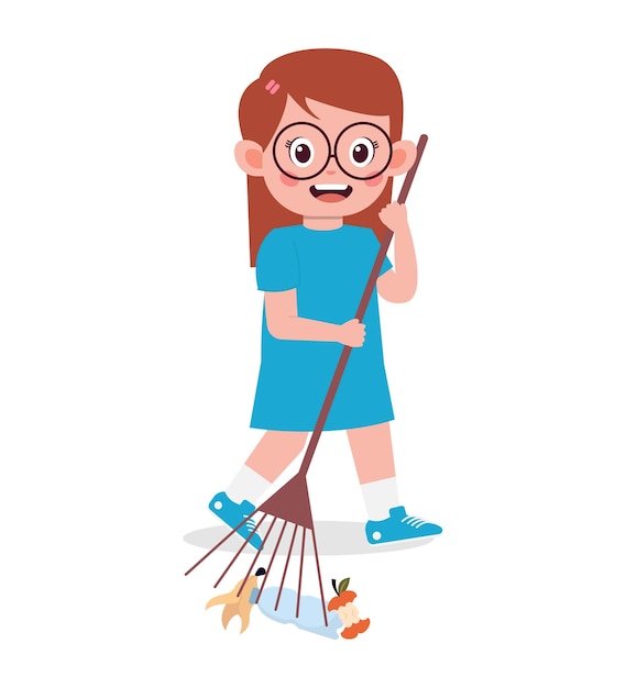 Happy cute kid girl cleaning trash cartoon illustration