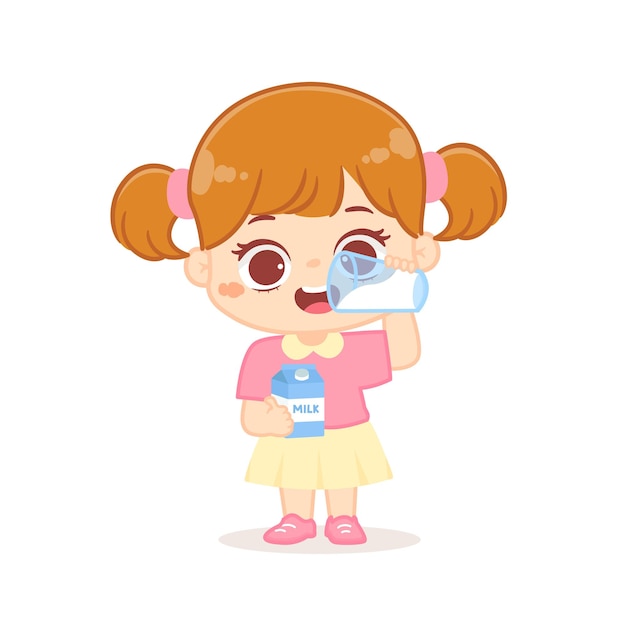 Vector happy cute kid girl drinks milk