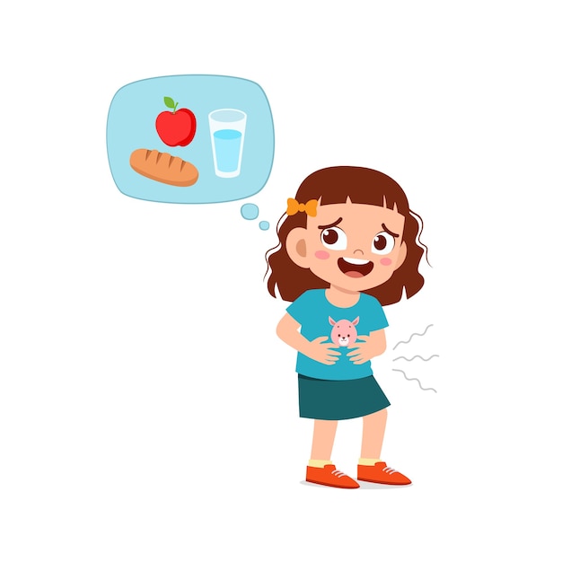 Vector happy cute kid girl feels hungry want to eat and thinks about food