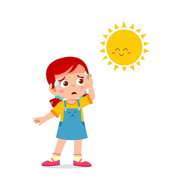 Vector happy cute kid girl feels so thirsty because of hot weather at summer season
