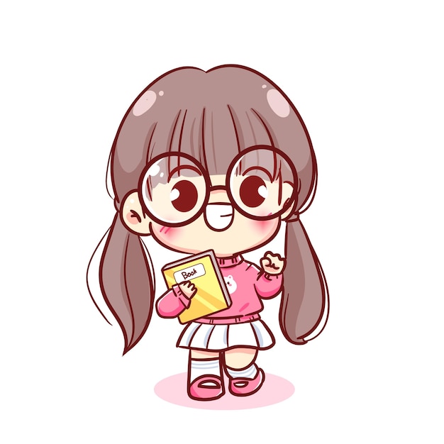 Happy cute kid girl holding book kawaii children hand drawn cartoon character illustration