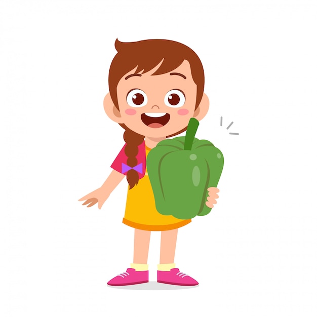 Happy cute kid girl holding fresh vegetable