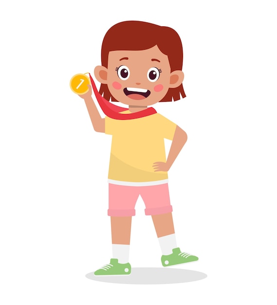 Happy cute kid girl holding gold medal cartoon illustration