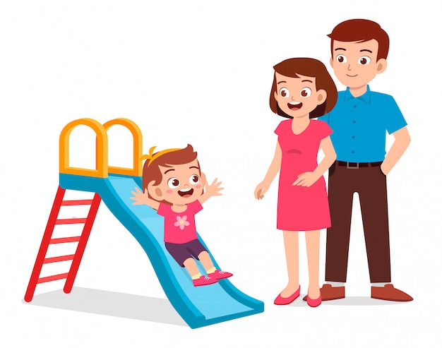 Счастливый милый ребенок девочка играть слайд с мамой и папой