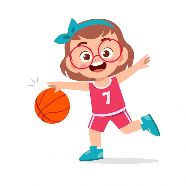 Happy cute kid girl play train basketball