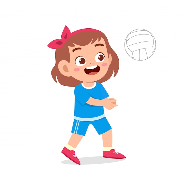 幸せなかわいい子供女の子プレイバレーボール