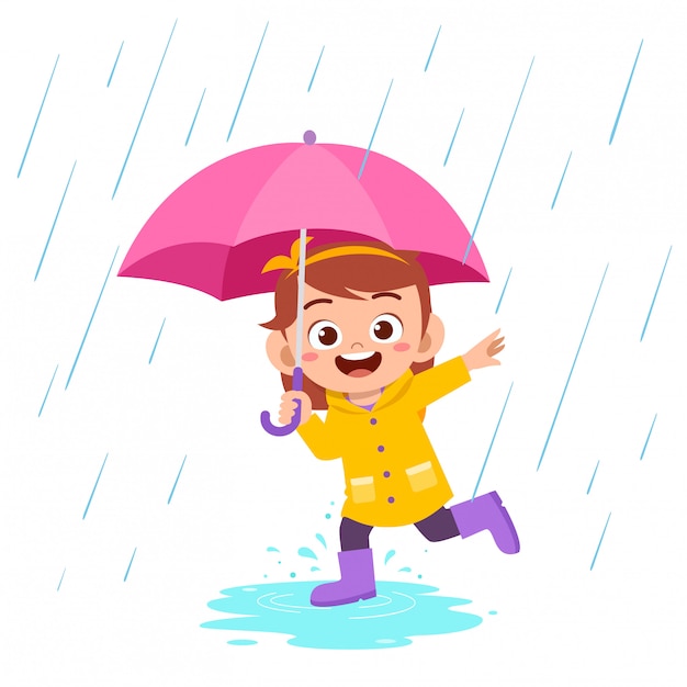 Happy cute kid girl play wear raincoat