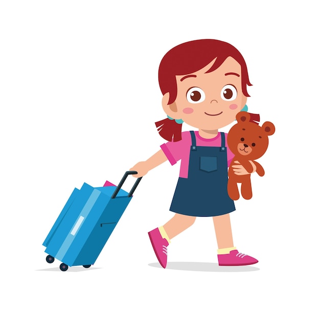 Happy cute kid girl pull bag with teddy
