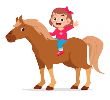 Premium Vector | Happy cute kid girl riding cute horse
