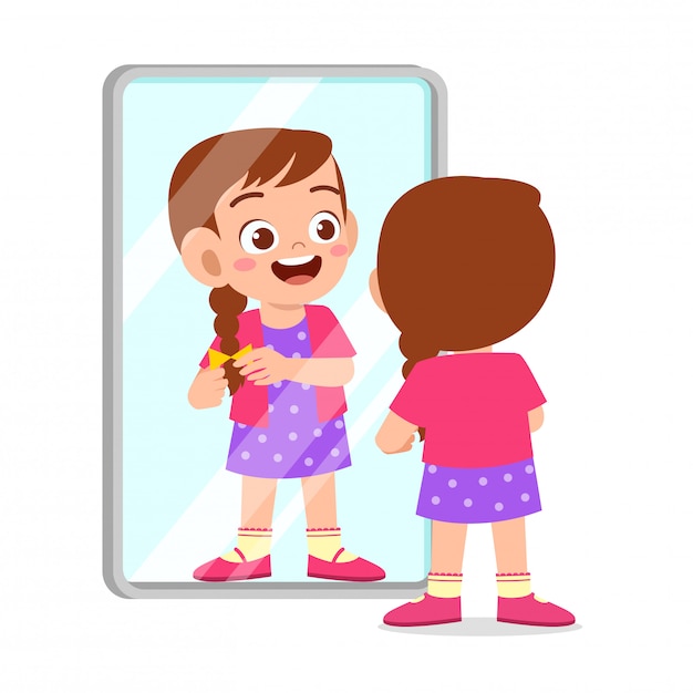 Happy cute kid girl use mirror in morning