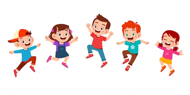 Happy cute kid jump with friend set