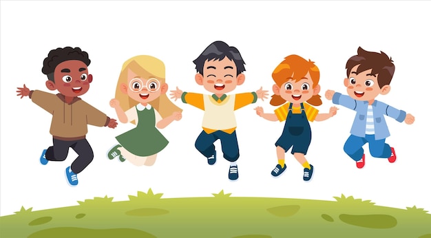 Vector happy cute kid jumping together vector illustration